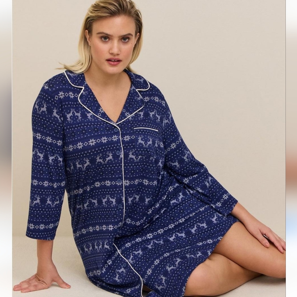 Torrid Sleep 1X Blue Fair Isle Night Shirt Dress Deer Print Sleepgown NEW - Picture 1 of 13